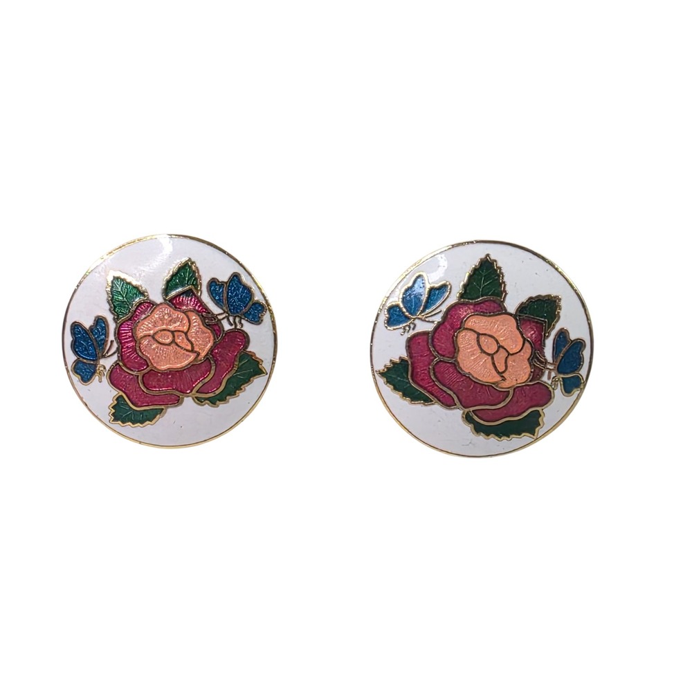 Vintage Cloisonne Rose Butterfly Enamel Stud‎ Earrings Gold Tone Round Everyday